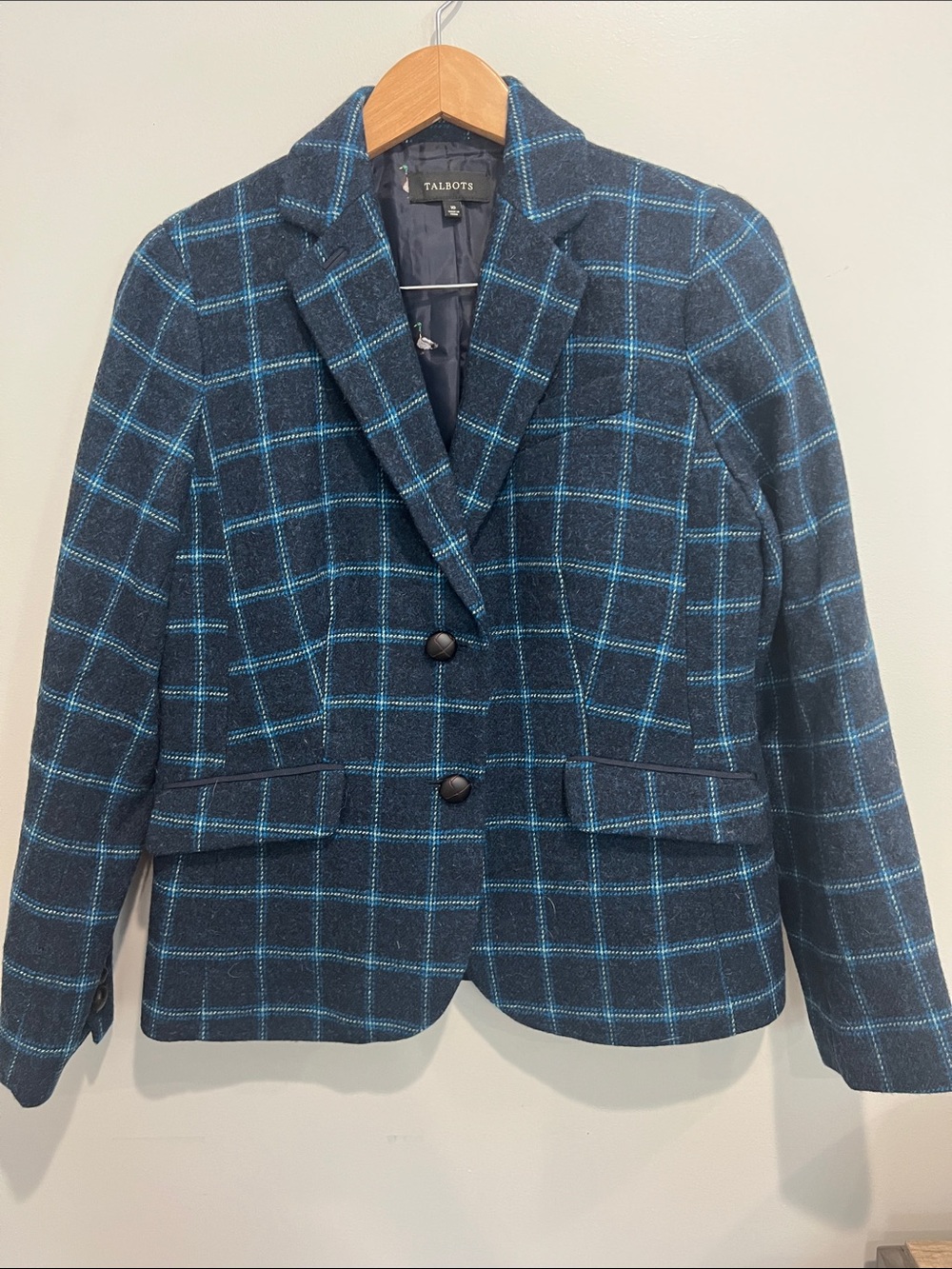 NWOT Talbots wool blend navy/teal plaid blazer duck lining size 10
